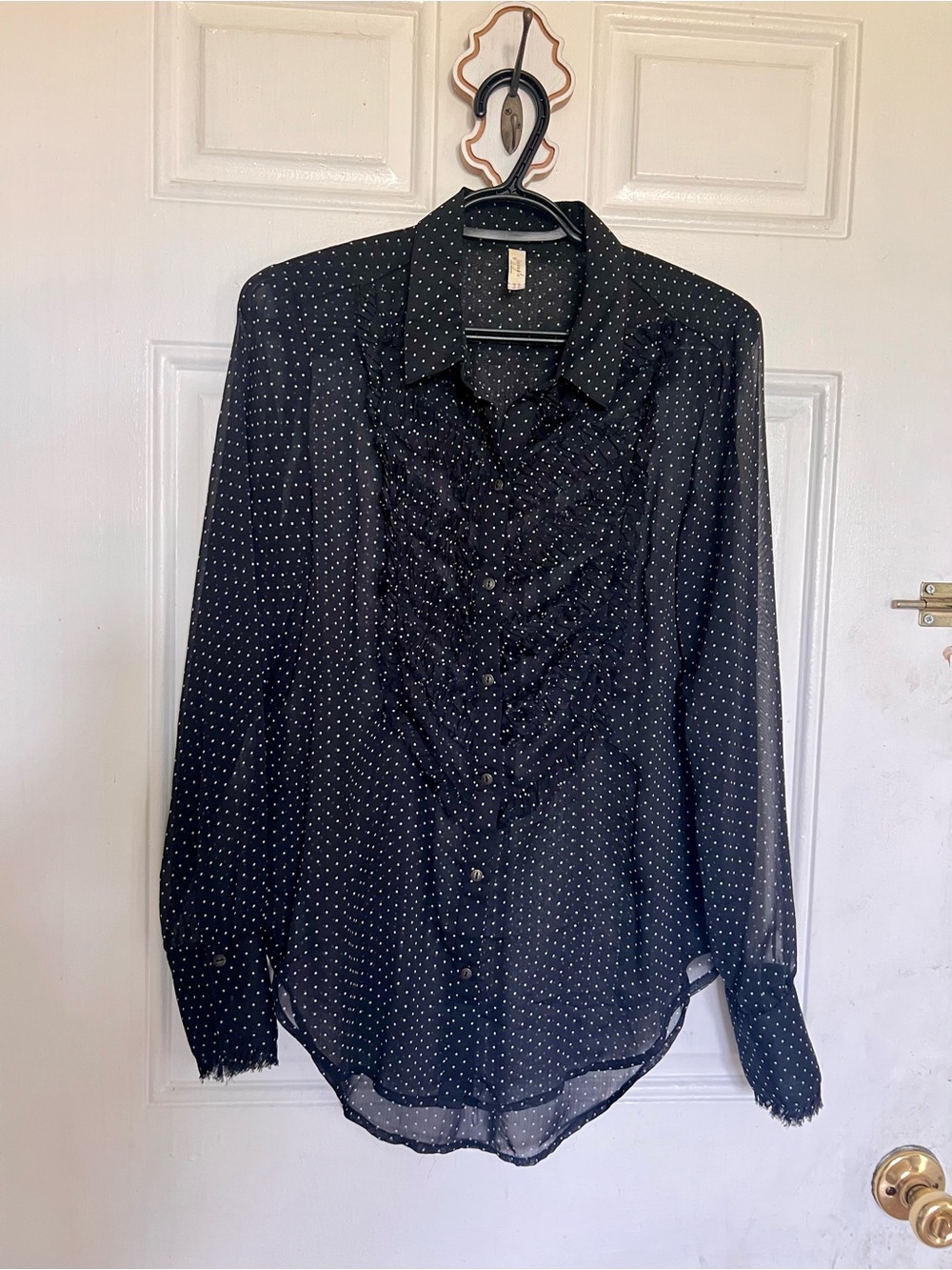 Free People | Black Polka Dot Sheer Button-Up Blouse with Ruffle Bib